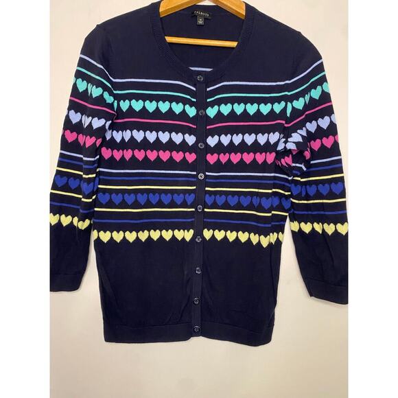 Talbots Black Heart Cardigan Sweater Button Up Preppy Holiday Classic Medium - Picture 3 of 13
